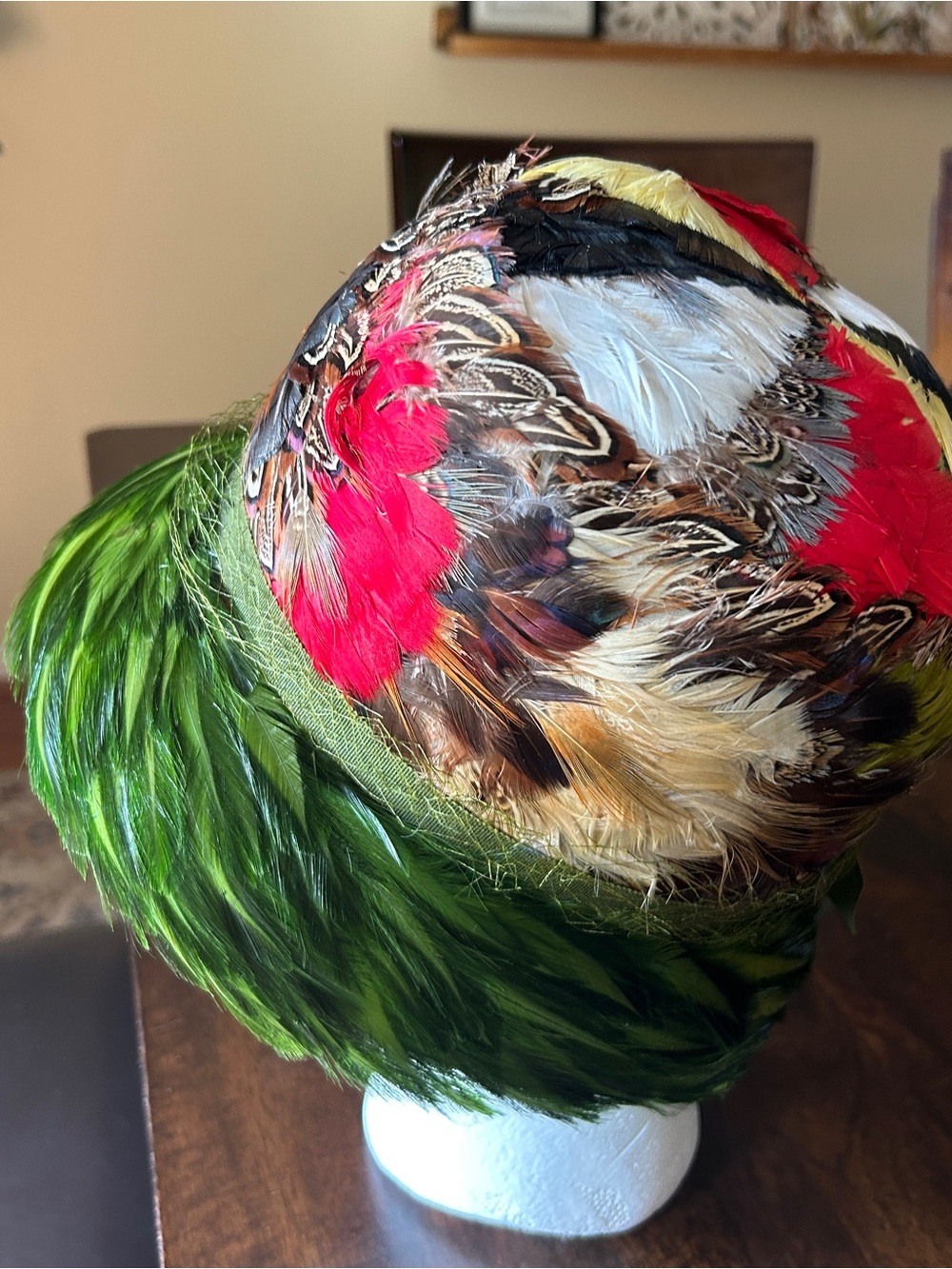 Vintage 1950s Winfield Pheasant Feather Pillbox Hat 100% Wool Green Mid Century